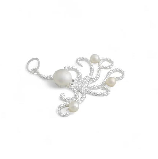 White Silver Pearl Octopus Pendant