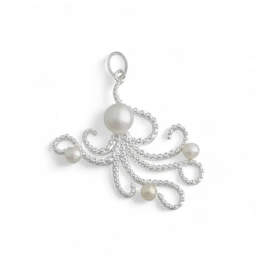 White Silver Pearl Octopus Pendant
